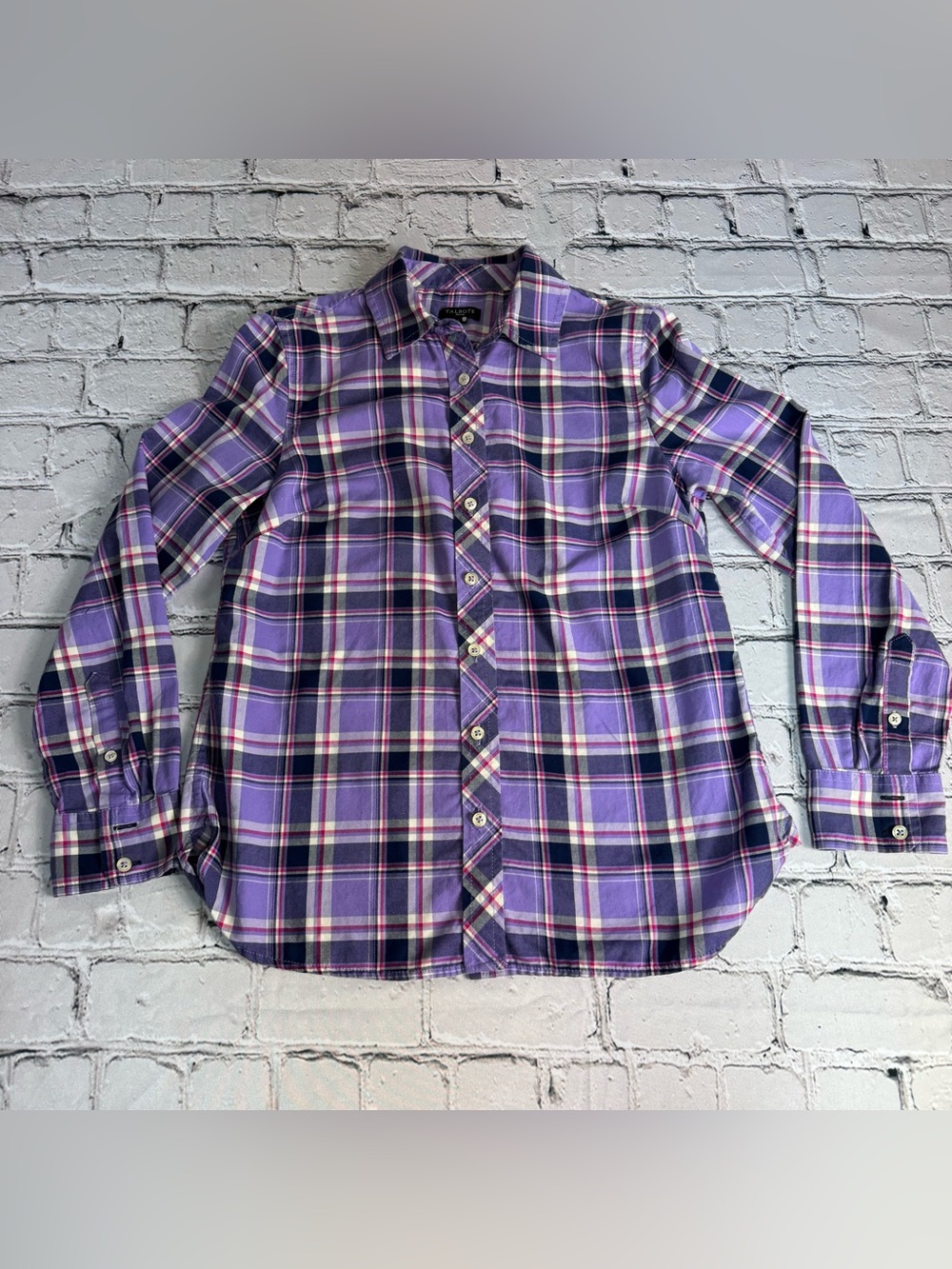 Talbots 100% Cotton Purple Plaid Button-Down Shirt Pink & White Accents Size PS